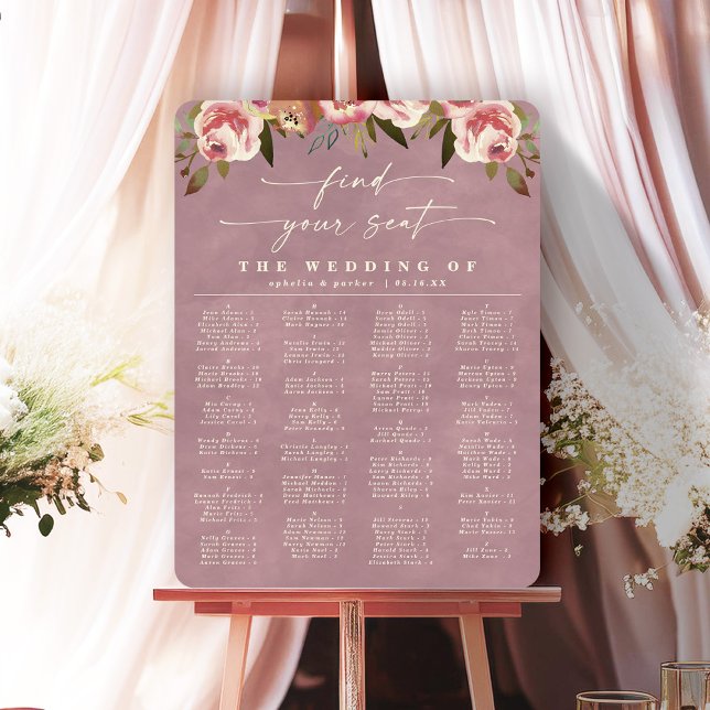 Ophelia Pink Alphabetical Wedding Seating Chart Foam Board (Say "I DO" to Romantic Watercolor Florals and a Cottagecore Vibe with the Ophelia Wedding Suite.)
