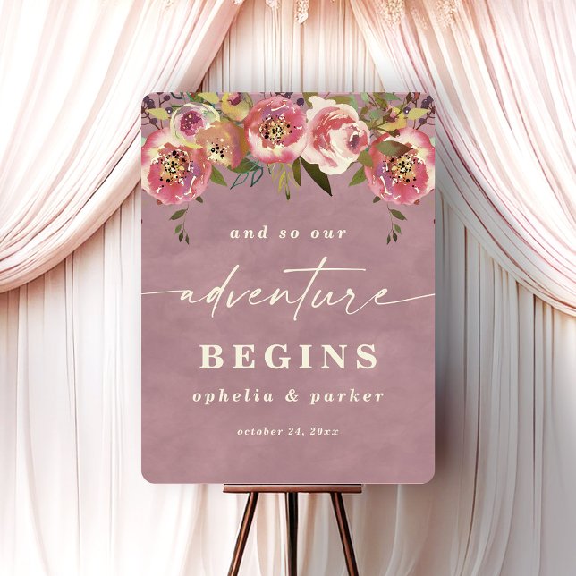 Ophelia Pink Floral Adventure Begins Wedding Sign (Say "I DO" to Romantic Watercolor Florals and a Cottagecore Vibe with the Ophelia Wedding Suite.)