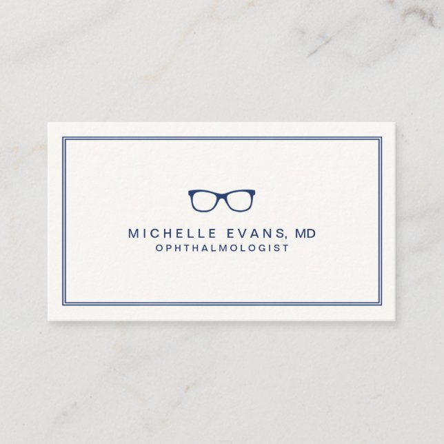 Ophthalmologist Navy Blue and Ivory Eyeglasses Business Card (Front)
