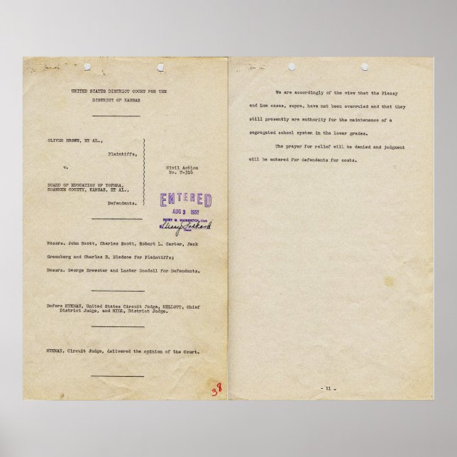 Opinion in Brown v Board of Education 1951pg 1 & 2 Poster (Front)