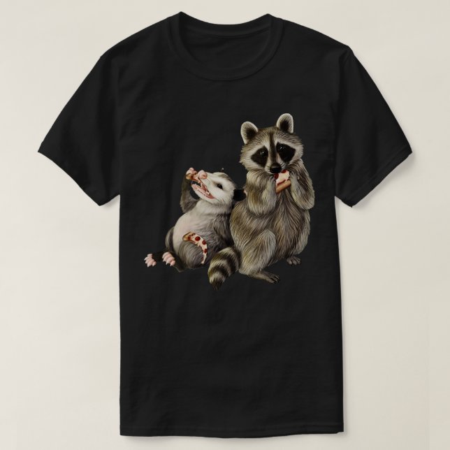 Opossum and Raccoon eating pizza T-Shirt (Design Front)