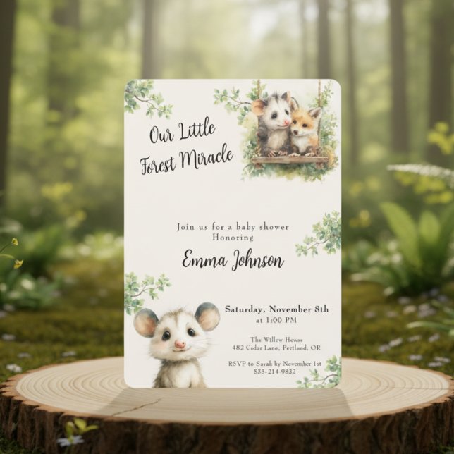 Opossum Baby Shower Invitation • Woodland Animals (watercolor baby shower invitation with opossum and greenery on a forest background)