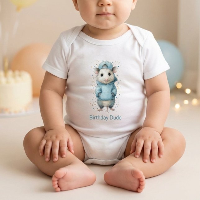Opossum Birthday Romper • Woodland Animal Outfit (cute baby romper with watercolor opossum birthday dude design and soft party background)
