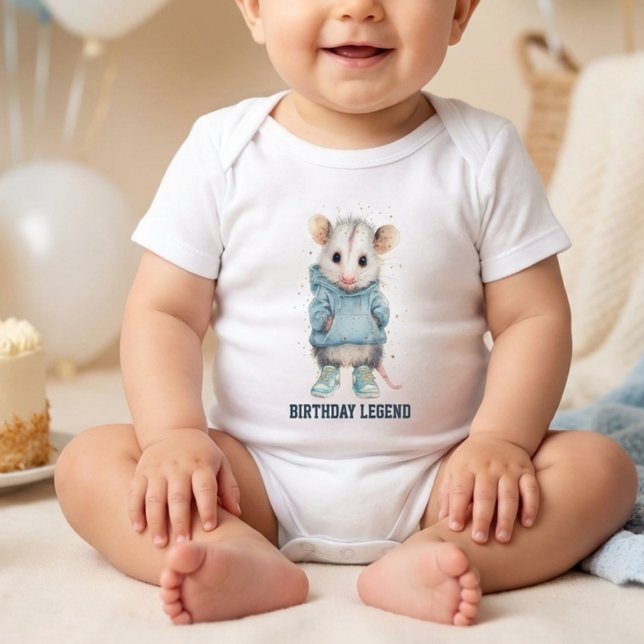 Opossum Birthday Romper • Woodland Animal Outfit (cute baby romper with watercolor opossum birthday legend design and balloon party background)
