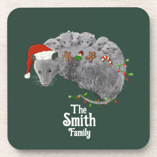 Opossum Christmas Baby Possums Wrapped in Lights Beverage Coaster