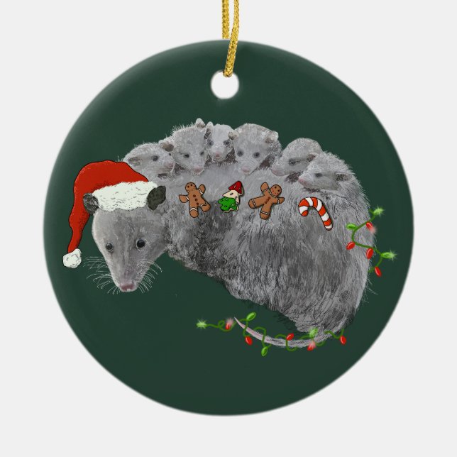 Opossum Christmas Baby Possums Wrapped in Lights Ceramic Ornament (Front)