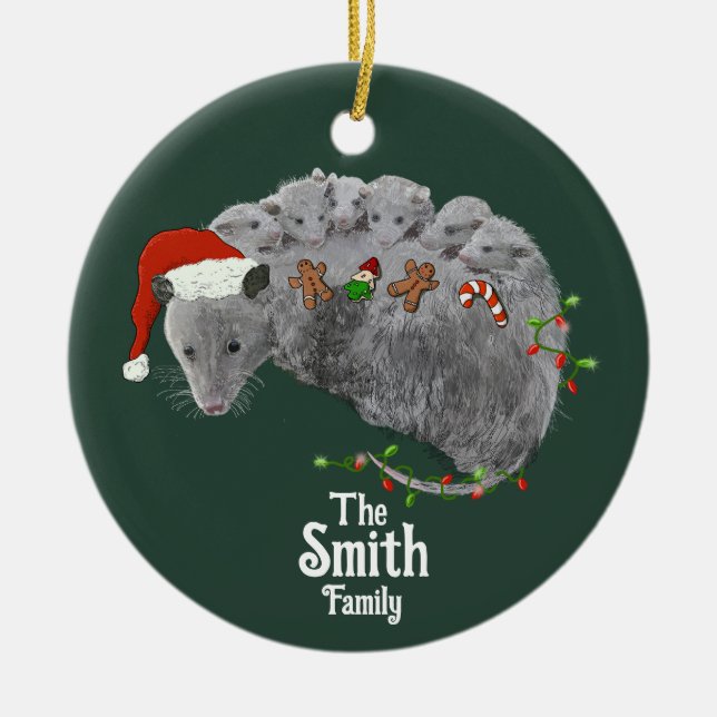 Opossum Christmas Baby Possums Wrapped in Lights Ceramic Ornament (Front)