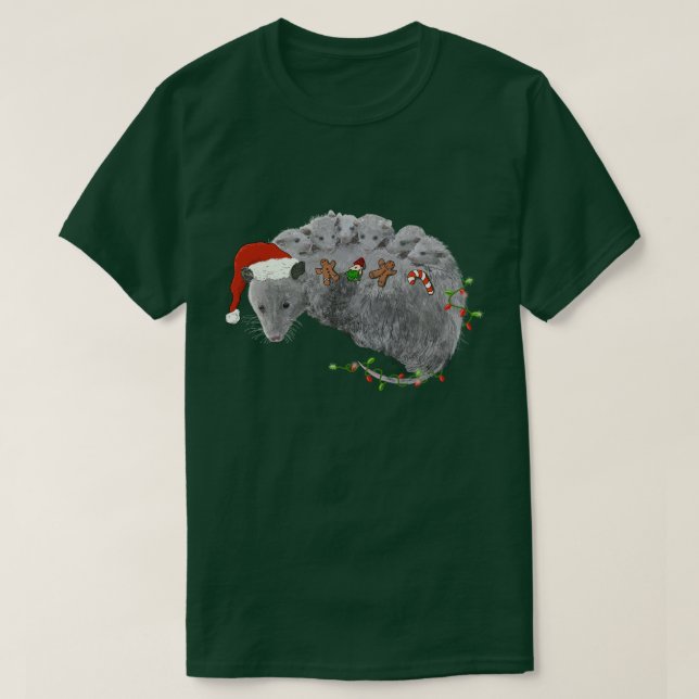 Opossum Christmas Baby Possums Wrapped in Lights T-Shirt (Design Front)
