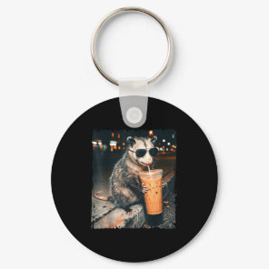 Opossum drinking iced coffee funny possum meme men keychain