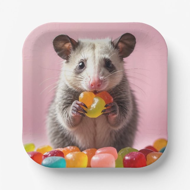 Opossum Eating Gummy Sweeties  Paper Plates (Front)