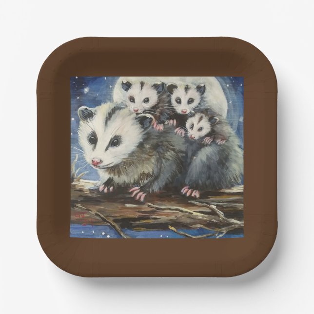 opossum mom and babies paper plates (Front)