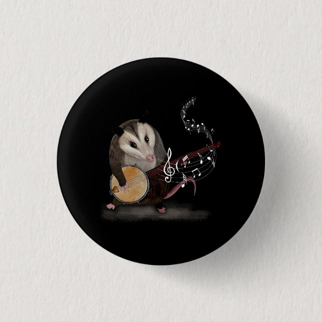 Opossum Playing Banjo Guitar Possum Live Weird Tra Button (Front)