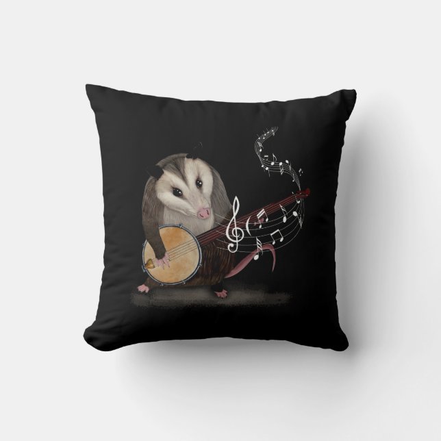 Opossum Playing Banjo Guitar Possum Live Weird Tra Throw Pillow (Front)