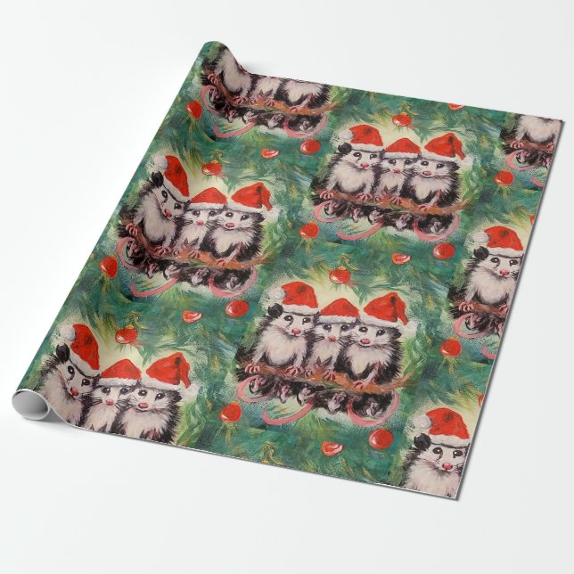 Opossum Santas Wrapping Paper (Unrolled)