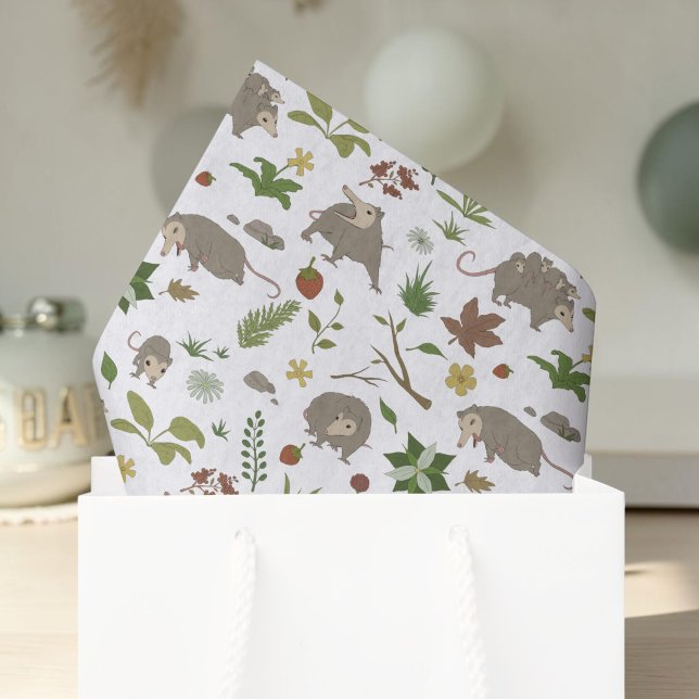 Opossums in a Berry Field in White Tissue Paper (Sunlit gift bag with white cottagecore opossum woodland tissue paper for a wild one birthday party.)