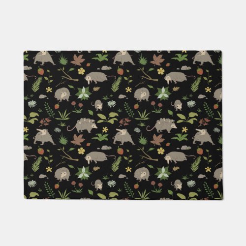 Opossums in a Berry Field Wildlife Pattern Black Doormat