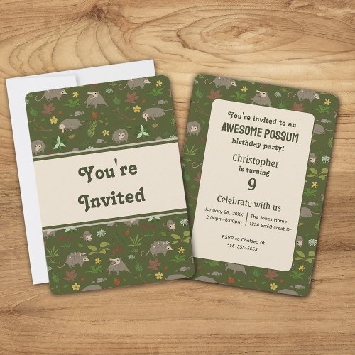 Opossums in Green Birthday Party Invitation
