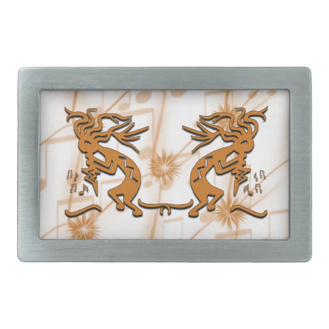 Opposing Kokopelli Musicians With Musical Notes Rectangular Belt Buckle (Front)