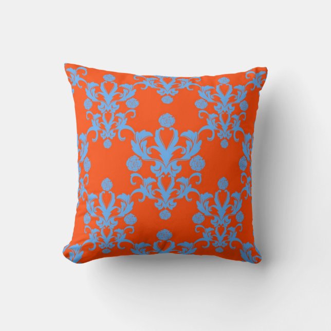 Opposites Attract Orange and Blue Damask Throw Pillow (Front)
