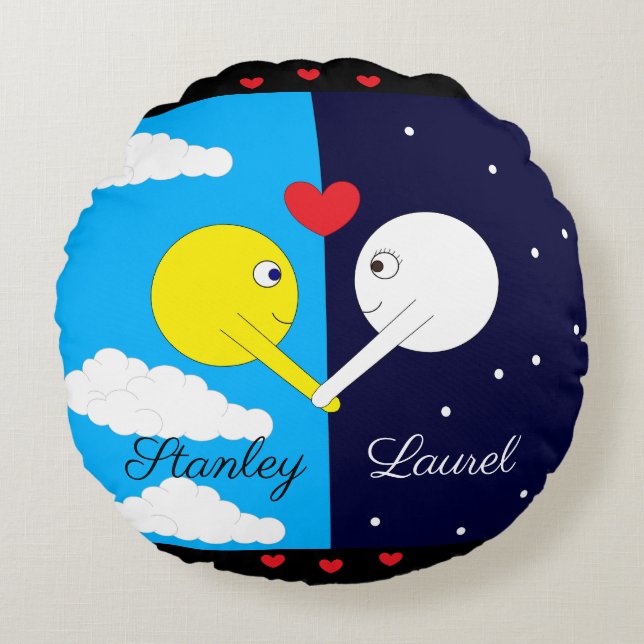 Opposites Attract - Sun & Moon in Love: Round Pillow (Front)