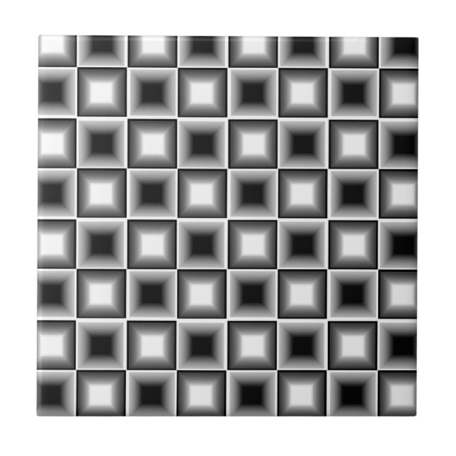 Optical 3D Chessboard Illusion Black White Grey Ceramic Tile (Front)