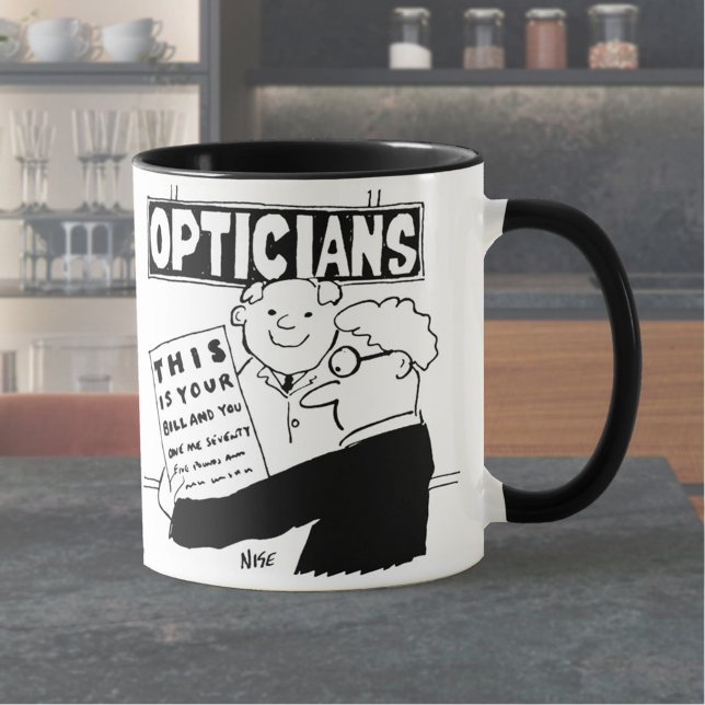 Optician Presents His Bill. Funny cartoon about Op Mug (Creator Uploaded)