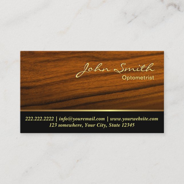 Optometrist Elegant Wooden Background Business Card (Front)