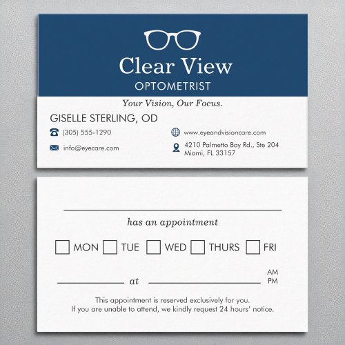 Optometrist Office Appointment Reminder Navy Blue Business Card