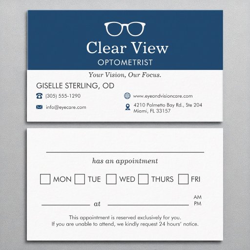 Customizable Optometrist Office Appointment Reminder Navy Blue Business Card