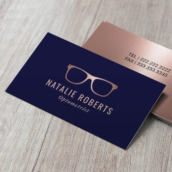 Optometrist Rose Gold Eyewear Eye Glasses Navy Business Card by cardfactory at Zazzle