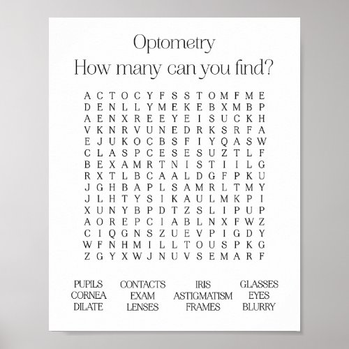 Optometry Office Themed Word Search Poster