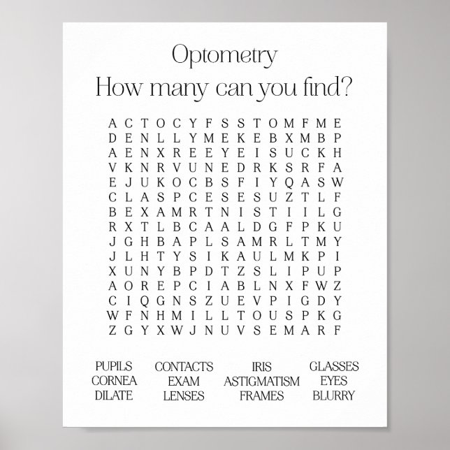 Optometry Office Themed Word Search Poster (Front)