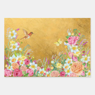 Opulence Gold Floral Hummingbird Wrapping Paper Sheets
