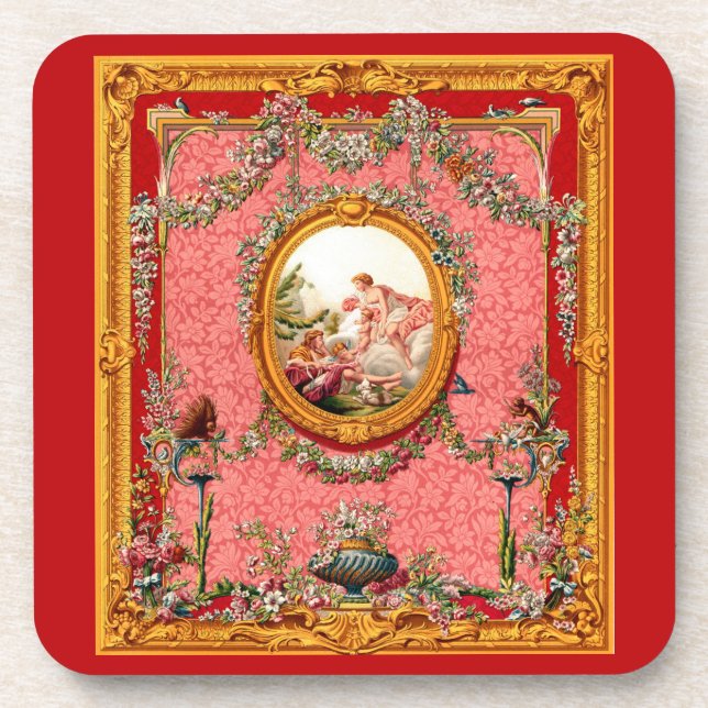 opulent 18th century baroque print happy family beverage coaster (Front)