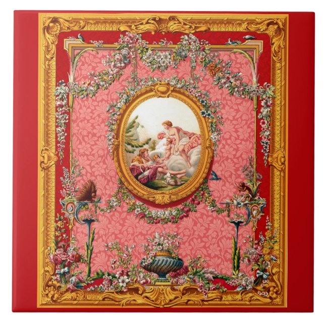 opulent 18th century baroque print happy family ceramic tile (Front)