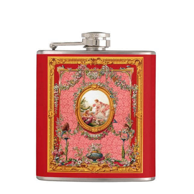 opulent 18th century baroque print happy family flask (Front)