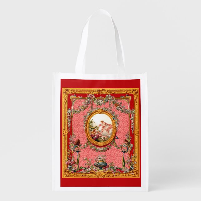 opulent 18th century baroque print happy family grocery bag (Front)