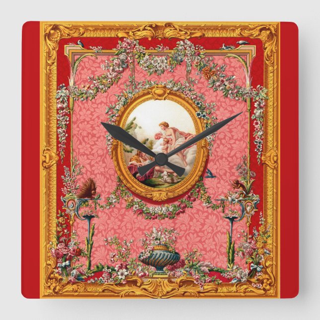 opulent 18th century baroque print happy family square wall clock (Front)