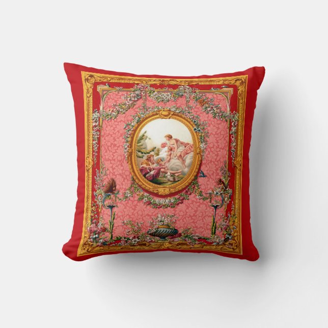 opulent 18th century baroque print happy family throw pillow (Front)