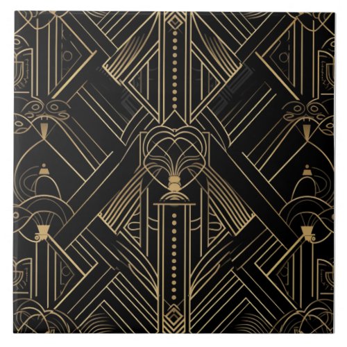 Opulent Art Deco Black Gold Geometric Design Ceramic Tile