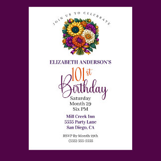 Opulent Autumn Flower Bouquet 101st Birthday Invitation