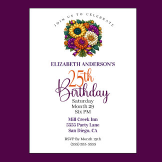Opulent Autumn Flower Bouquet 25th Birthday Invitation