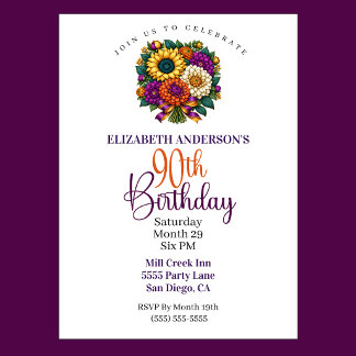 Opulent Autumn Flower Bouquet 90th Birthday Invitation