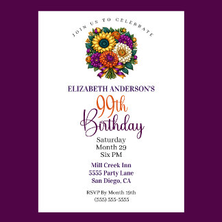 Opulent Autumn Flower Bouquet 99th Birthday Invitation