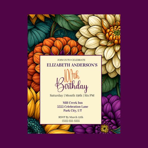 Opulent Autumn Flowers 100th Birthday Invitation