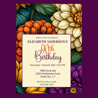 Opulent Autumn Flowers 90th Birthday Invitation