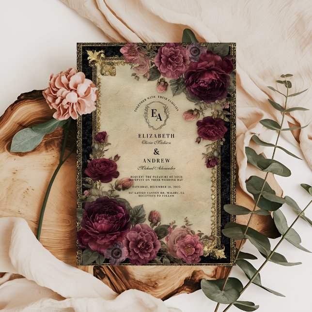 Opulent Baroque Garden in Rich Burgundy Invitation (Creator Uploaded)