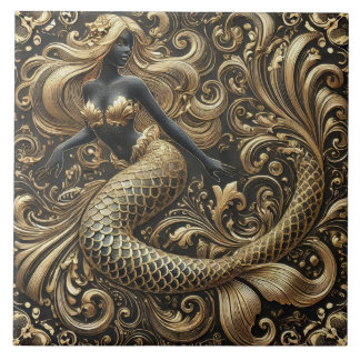 Opulent Baroque Golden Mermaid Ceramic Tile