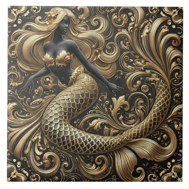 Opulent Baroque Golden Mermaid Ceramic Tile (Front)