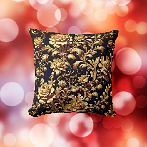 Opulent Black and Gold Floral Baroque Throw Pillow